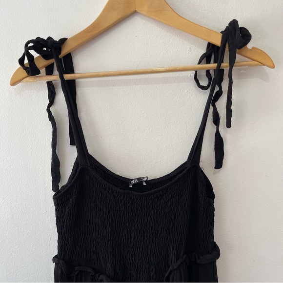 Zara Tiered Midi Dress Women’s Small Self Tie Straps Black Flowy Smocked Top - Picture 3 of 5